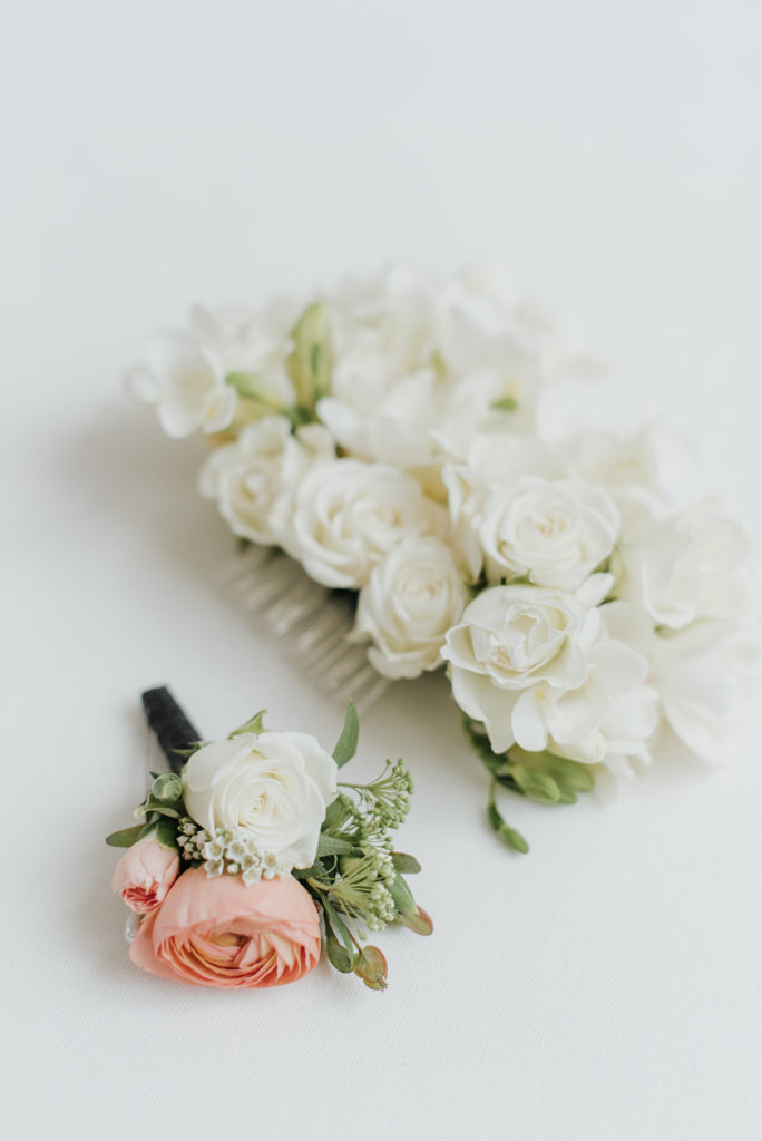 lush spring inspired boutonniere and hair piece