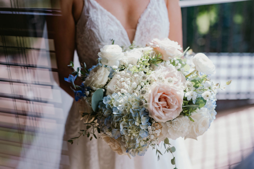 Spring Pastel Bridal Bouquet with Blue Hydrangea