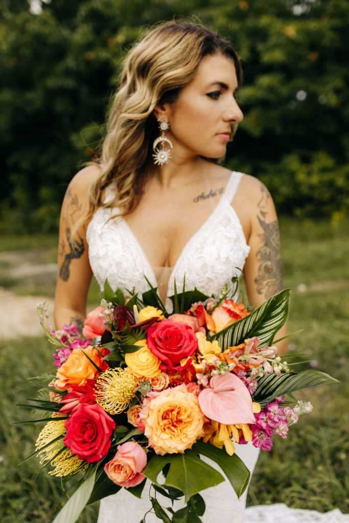 Tropical Bridal Bouquet wit vibrant colors and leaves