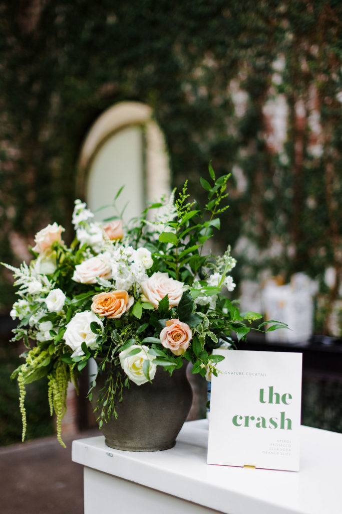 garden inspired wedding floral bar arrangement with hanging amaranthus