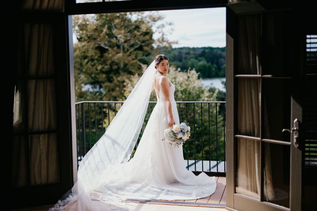 soft pastel wedding bride with bridal bouquet