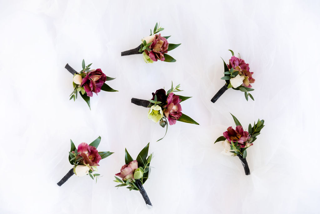 Burgundy and Blush Boutonnieres for groom and groomsmen