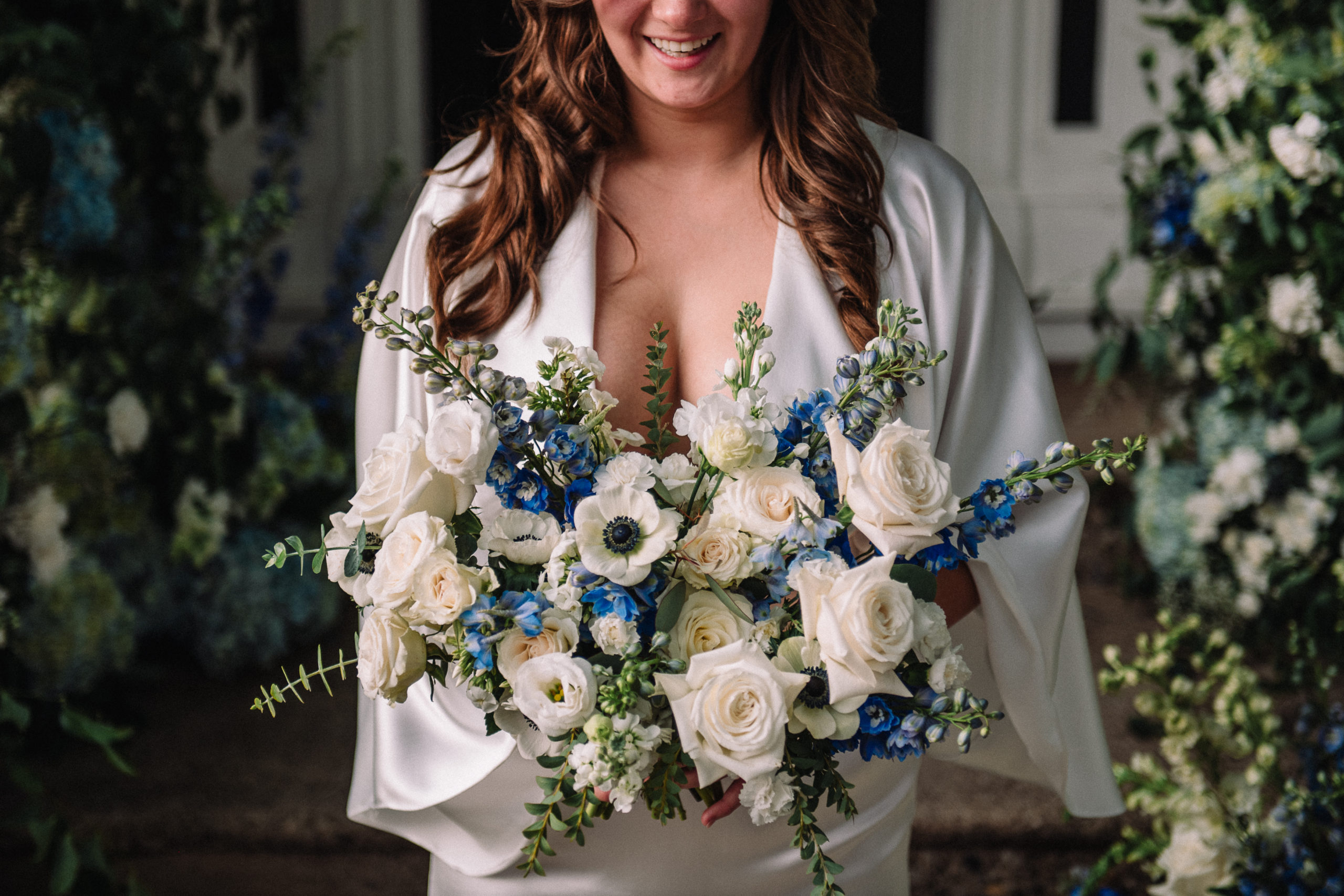 Textural white and blue spring bridal bouquet