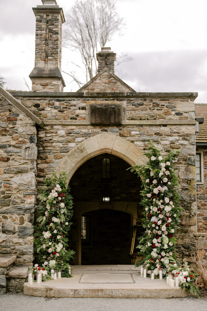 venue entrance floral install winter wedding